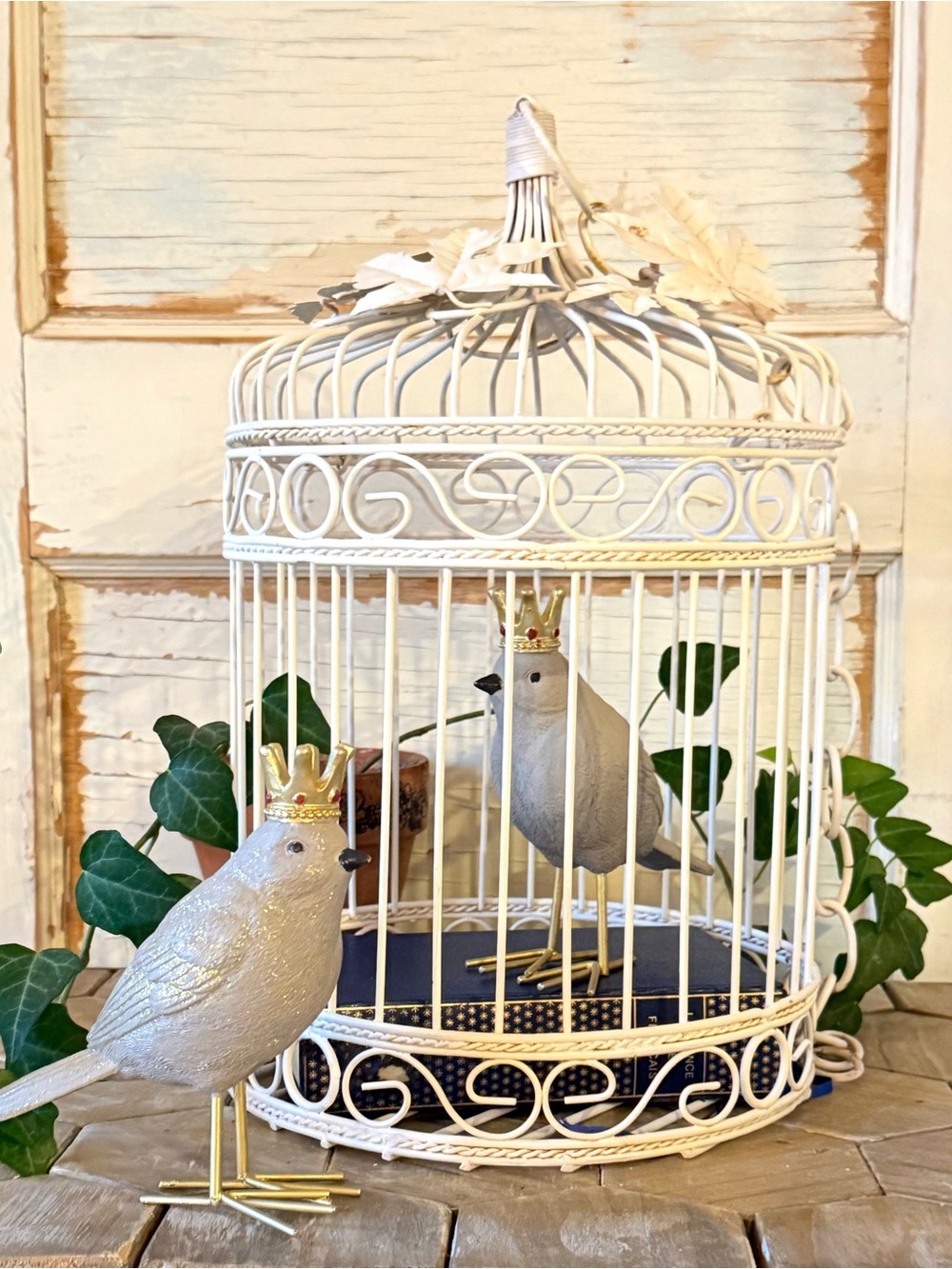Vintage Iron Round Birdcage, Cream French Country, Shabby Chic,Garden Decor 15”